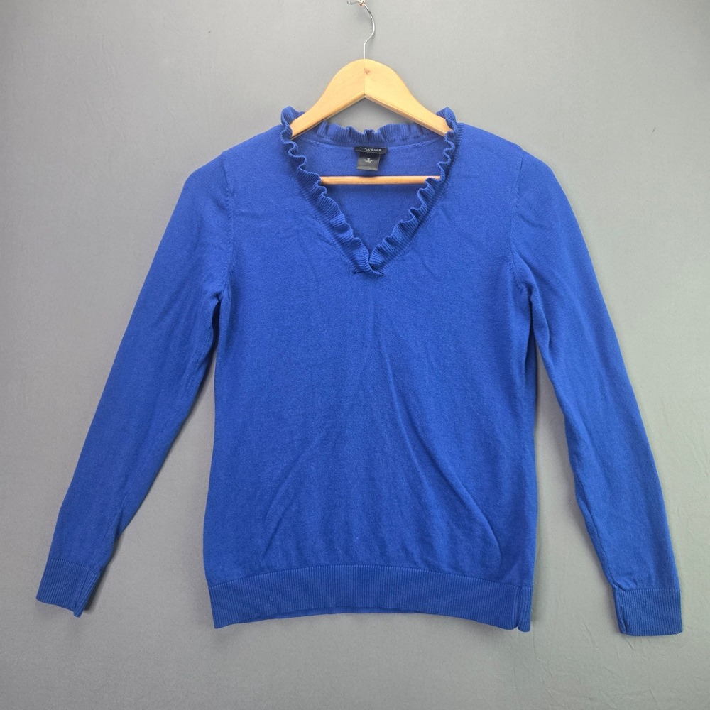 Ann Taylor Sweater Ruffle V-Neck Size M Blue Cotton Blend Long Sleeve Pullover